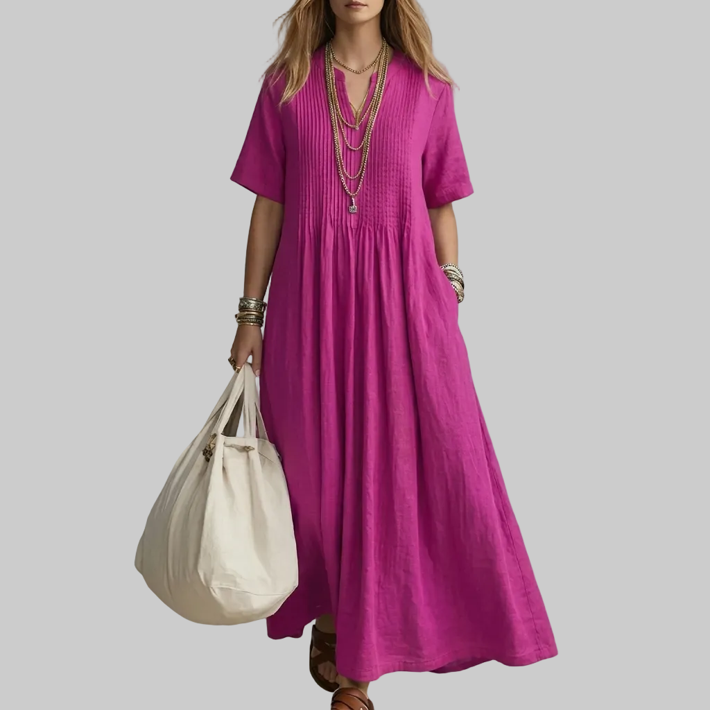 Dames katoen-linnen zomerjurk CJ26 met V-hals, korte mouwen en elegante plissé. Comfortabel en ademend.