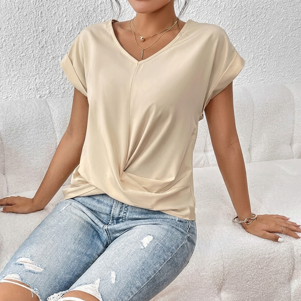 Dames T-shirt V-hals, stijlvol knoopdetail, korte mouwen. Comfortabele casual top.