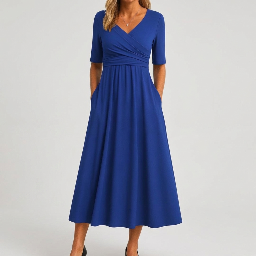 Dames zomerjurk met V-hals en korte mouwen. Comfortabel en stijlvol voor lente/zomer.