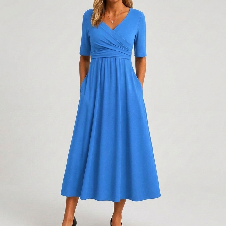 Elegante dames zomerjurk met V-hals en korte mouwen, effen design. Tijdloze comfortabele dameskleding.