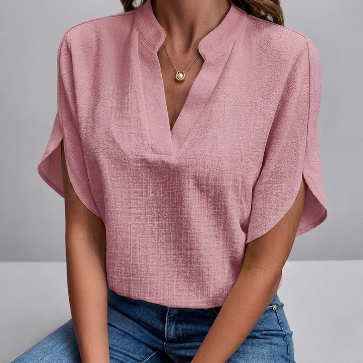 Chique dames V-hals blouse met korte mouwen, een elegante toevoeging aan je zomergarderobe.