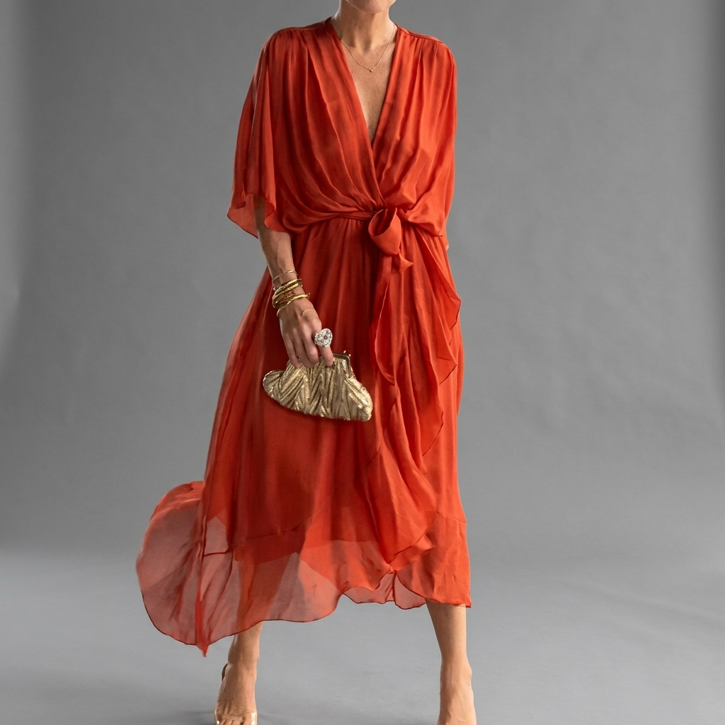 Veelzijdige elegante damesjurk met comfortabele vleermuismouwen. Geschikt als zomer- of feestjurk.