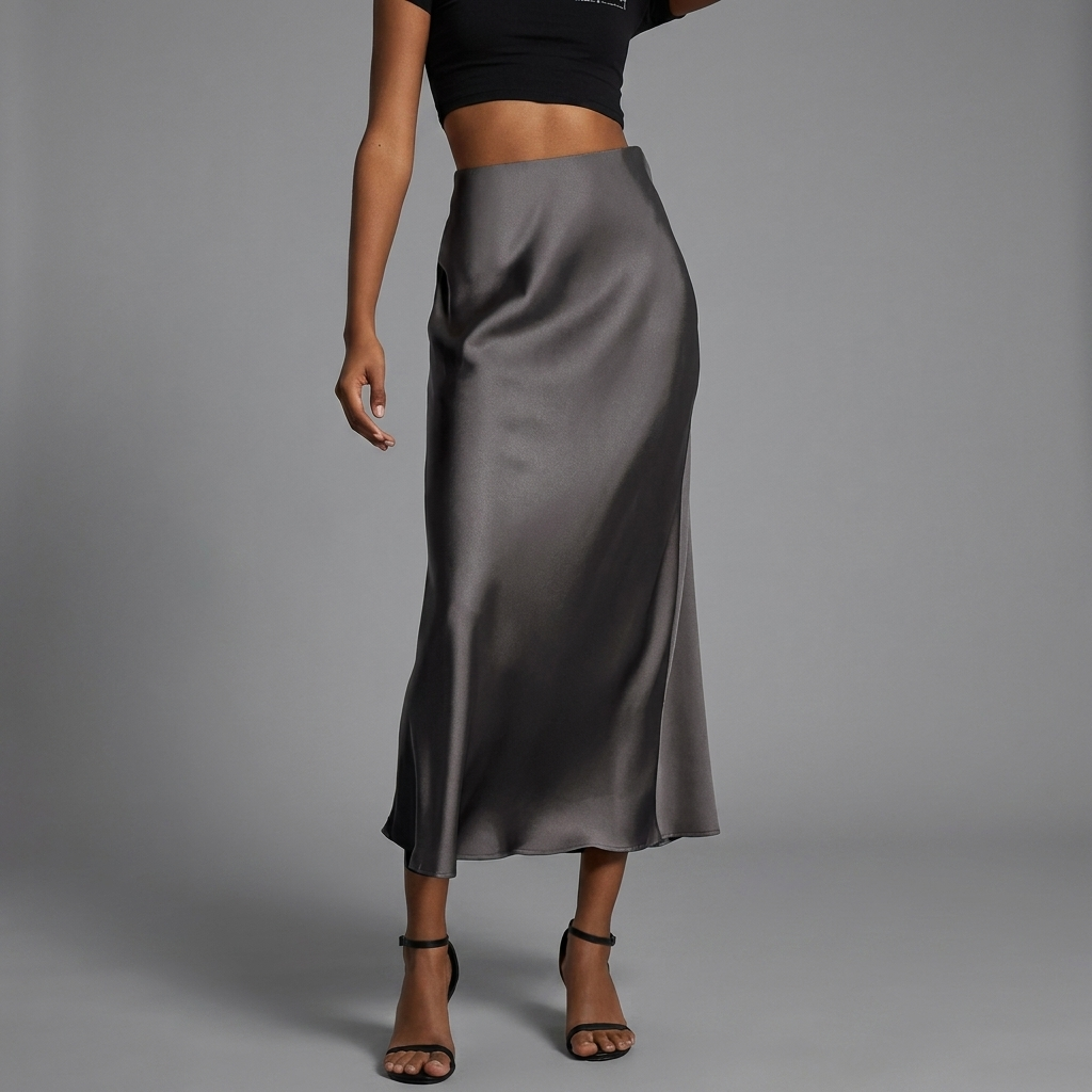 Feestelijke satijnen midi rok voor dames, elegant en modieus met slanke pasvorm, perfect voor een speciale avond.