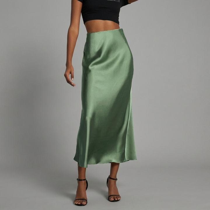 Moderne satijnen midi rok voor dames, perfect voor een elegante en trendy avondlook met slanke pasvorm.