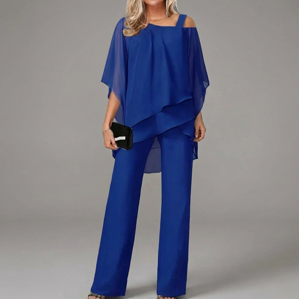 Stijlvolle tweedelige dames set met vleermuismouw top en rechte broek, ideaal voor lente, zomer of herfst, veelzijdig.