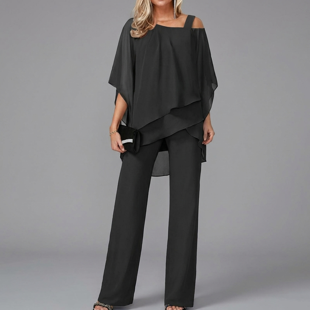 Chique tweedelige set voor dames met een elegante vleermuistop en een modieuze rechte broek, ideaal voor elk moment.