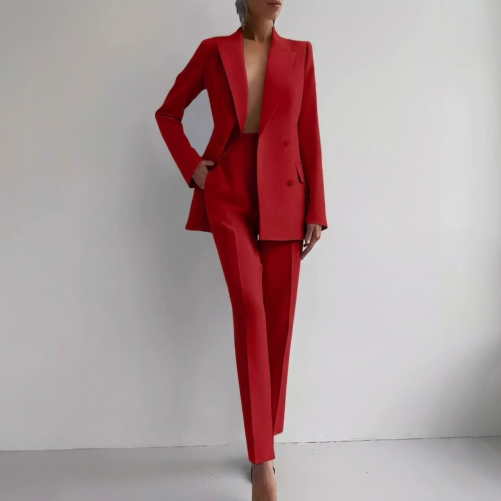 Stijlvolle damespakset met elegante batwing top en rechte broek, perfect als zakelijke of vrijetijdskleding.
