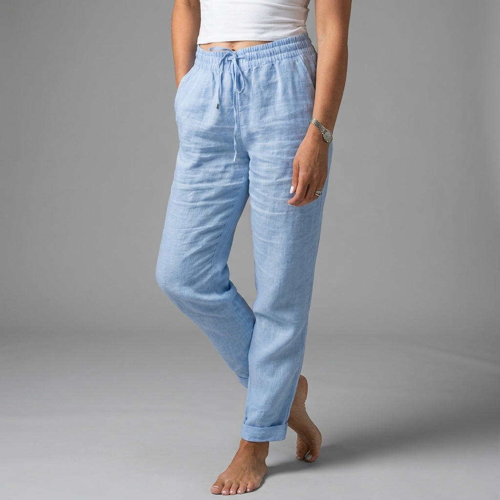 Dames katoen-linnen broek met hoge taille en elastische band, ideaal voor zomer en casual comfort.