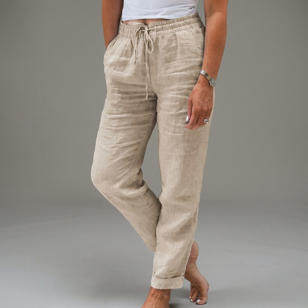 Comfortabele luchtige dames lange broek van katoen-linnen mix, met hoge taille en elastische band.