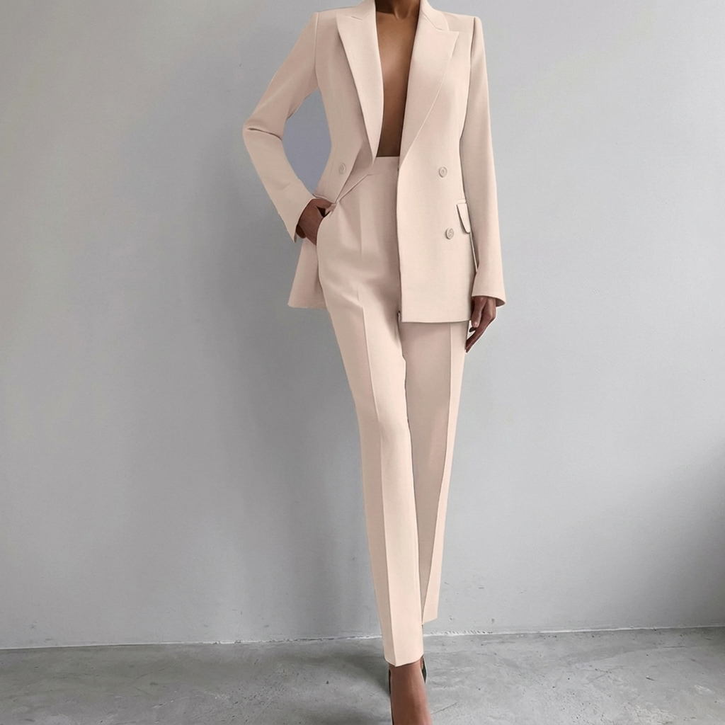 Elegante damespakset CJ26 met stijlvolle batwing top en comfortabele rechte broek, ideaal voor kantoor en vrije tijd.