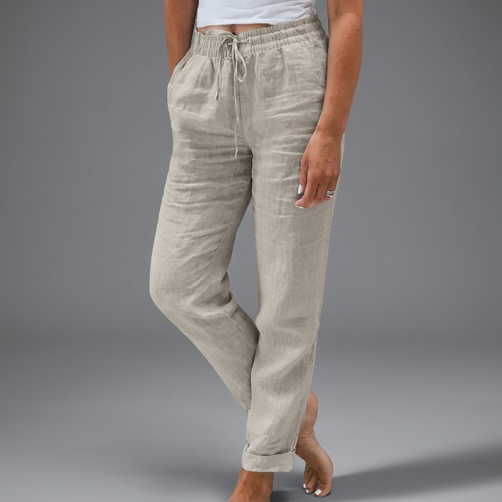 Damesbroek CJ26 met hoge taille en elastische band voor een comfortabele pasvorm, in luchtig katoen-linnen.