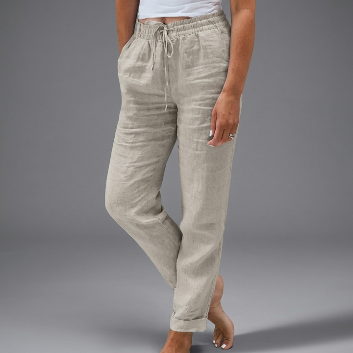 Damesbroek CJ26 met hoge taille en elastische band voor een comfortabele pasvorm, in luchtig katoen-linnen.