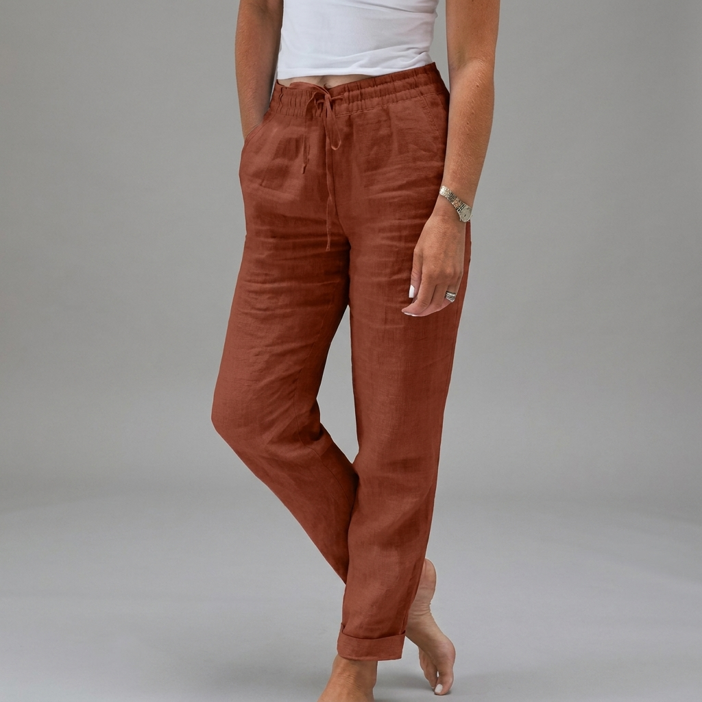 Trendy dames lange broek met hoge taille, comfortabele elastische band en ademend katoen-linnen.