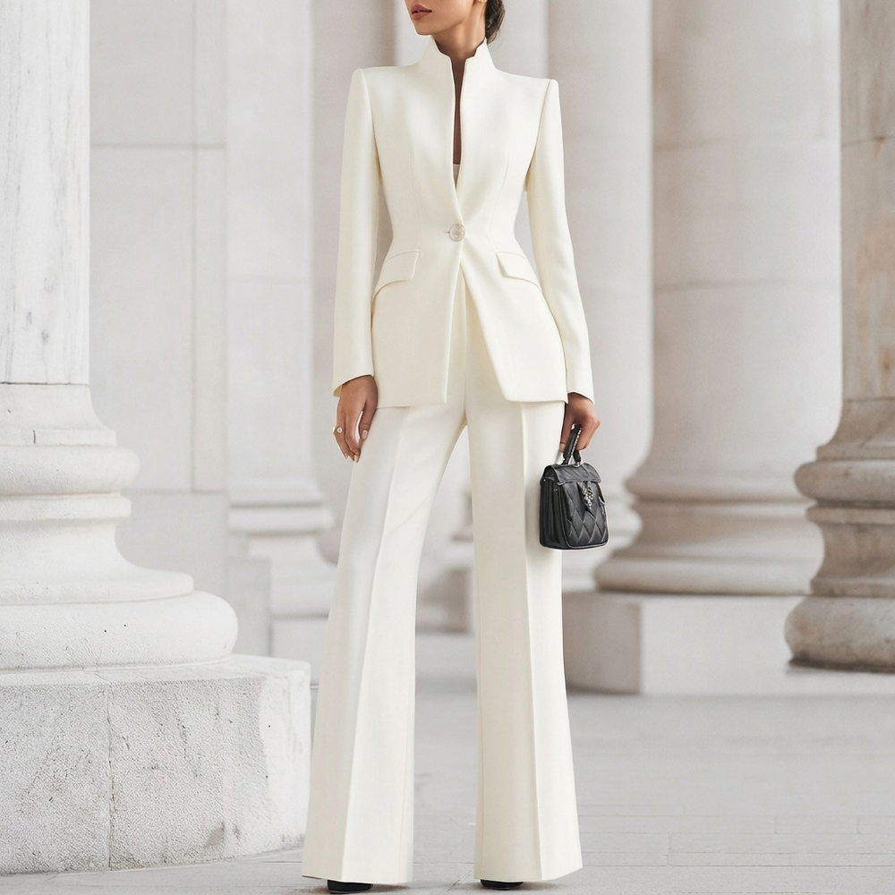 Stijlvol zwart dames tweedelig pak CJ26, inclusief blazer en bijpassende broek, perfect voor casual chic en elegante outfits.