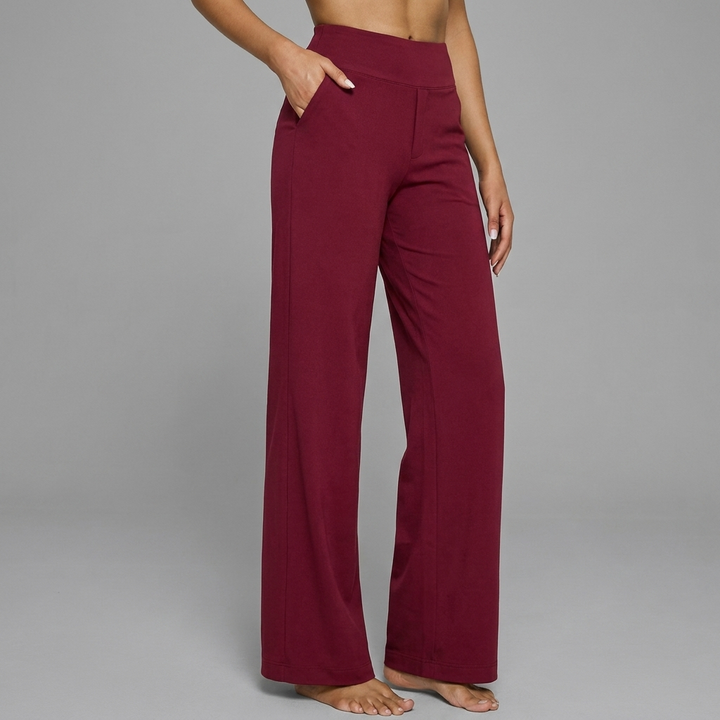 Veelzijdige gebreide damesbroek met hoge taille, rechte pijp, perfect voor casual of elegante outfits.