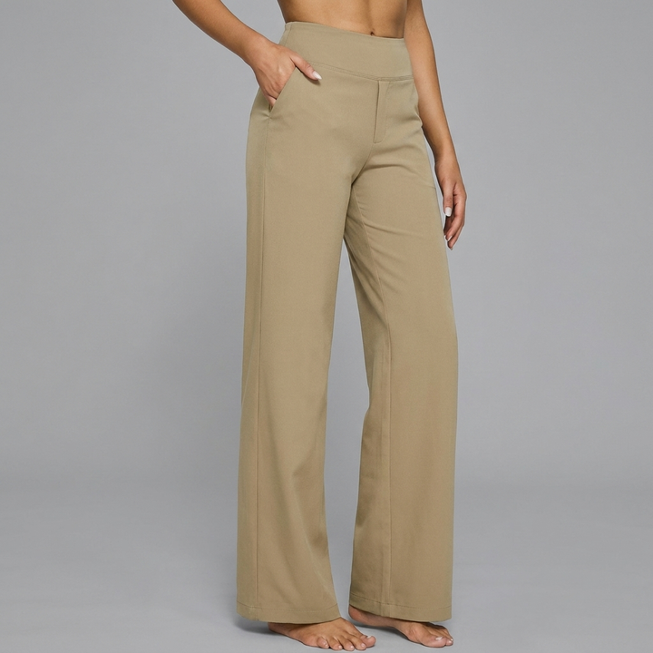 Model draagt stijlvolle gebreide damesbroek CJ26 met hoge taille en rechte pasvorm, trendy damesmode.