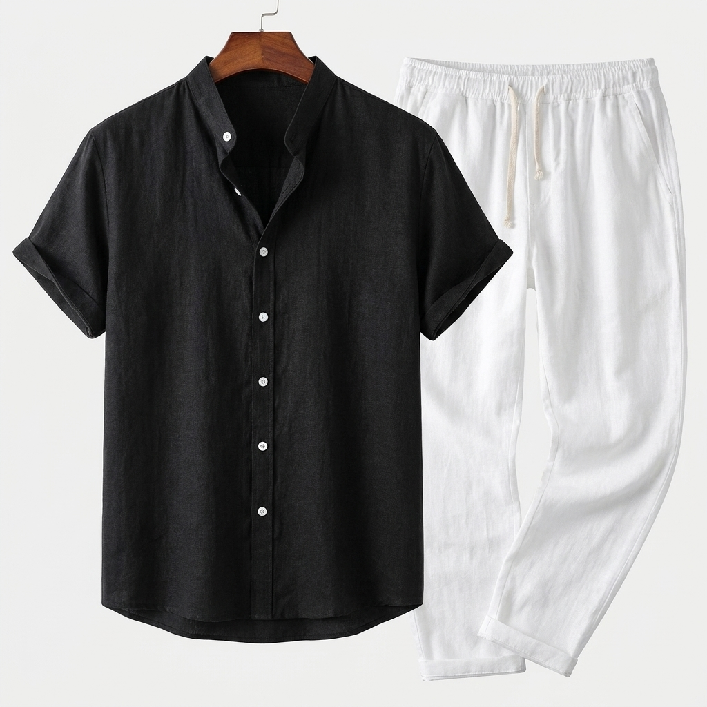 Luchtige heren zomerset van katoen-linnen met korte mouwen, ideaal voor een comfortabele casual zomerlook.