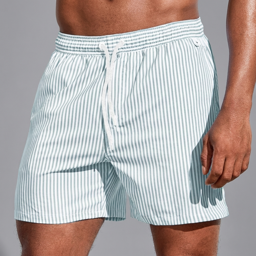 Man draagt heren strandbroek CJ26 op zonnig strand. Ideale korte broek voor zomerse vakantie.