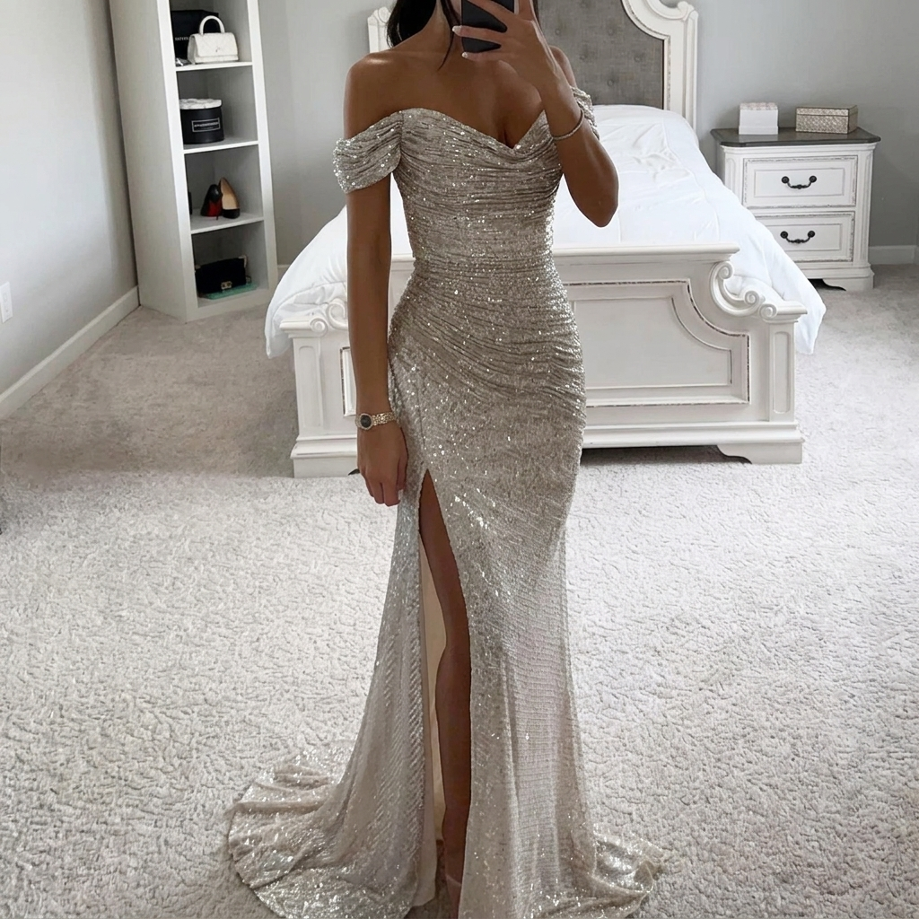 Lange off-shoulder dames galajurk CJ26 met pailletten en elegante split. Perfecte avondjurk voor feesten.