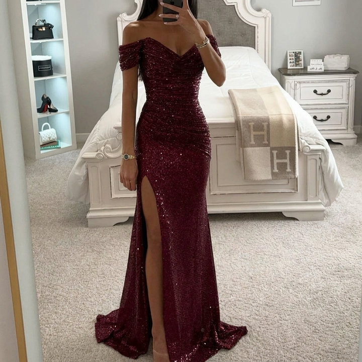 Elegante dames off-shoulder pailletten feestjurk CJ26 met sexy split, perfect voor gala en avond.