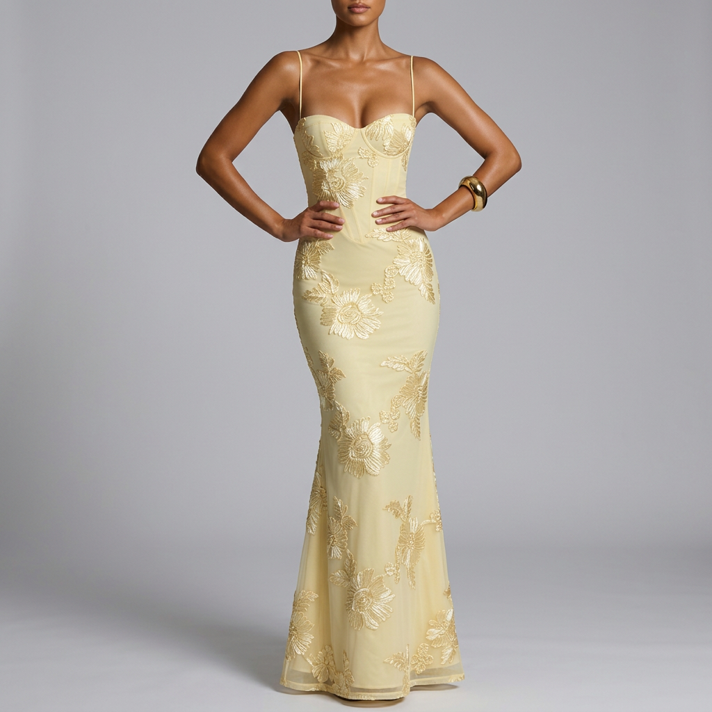 Elegante dames luxe avondjurk CJ26 met verfijnde bloemendecoratie, perfect als galajurk of bruiloftsgast outfit.