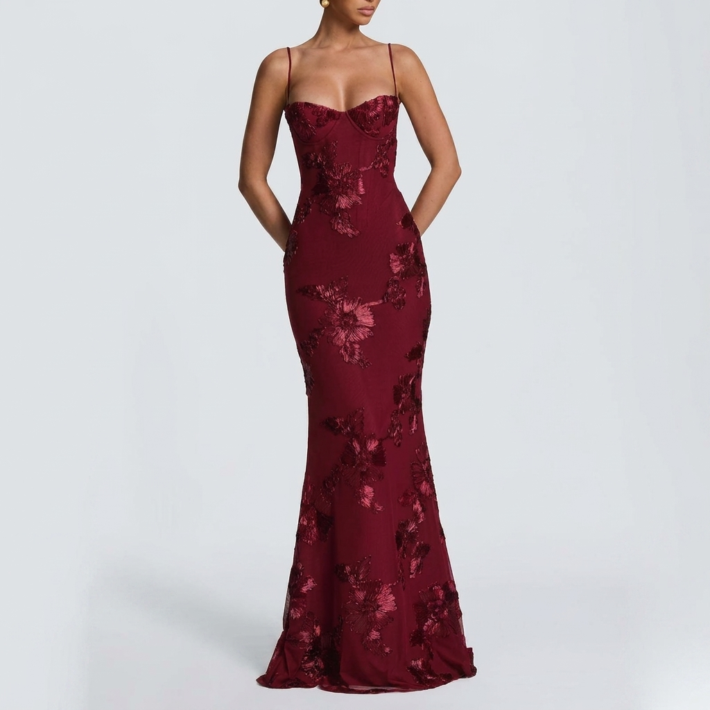 Luxe dames galajurk CJ26 met gedetailleerde bloemendecoratie; een elegante keuze voor avondfeesten.