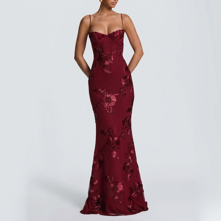 Luxe dames galajurk CJ26 met gedetailleerde bloemendecoratie; een elegante keuze voor avondfeesten.