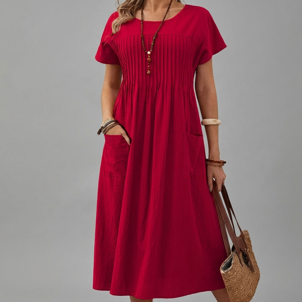Comfortabele dames katoen-linnen zomerjurk CJ26 met praktische zakken en ronde hals, perfect voor casual stijl.