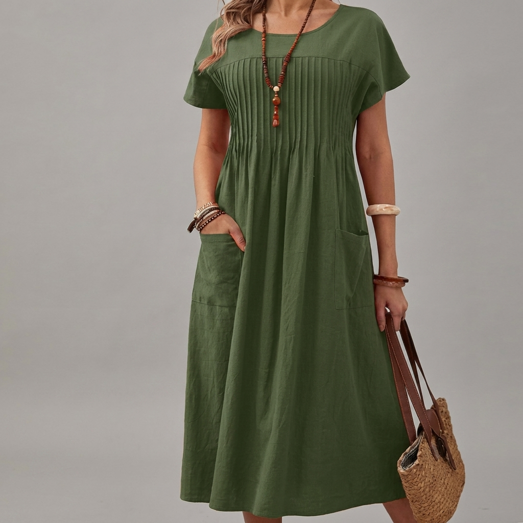 Elegante en ademende damesjurk van katoen-linnen met zakken, ideaal voor zomerse dagen, type CJ26.