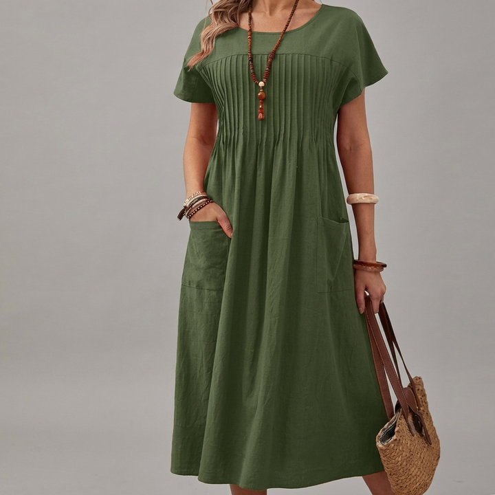 Elegante en ademende damesjurk van katoen-linnen met zakken, ideaal voor zomerse dagen, type CJ26.