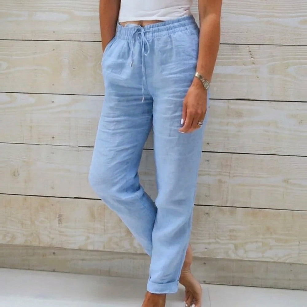 Luchtige dames zomerbroek van katoen linnen met hoge taille en rechte pijpen, ideaal voor casual stijl.