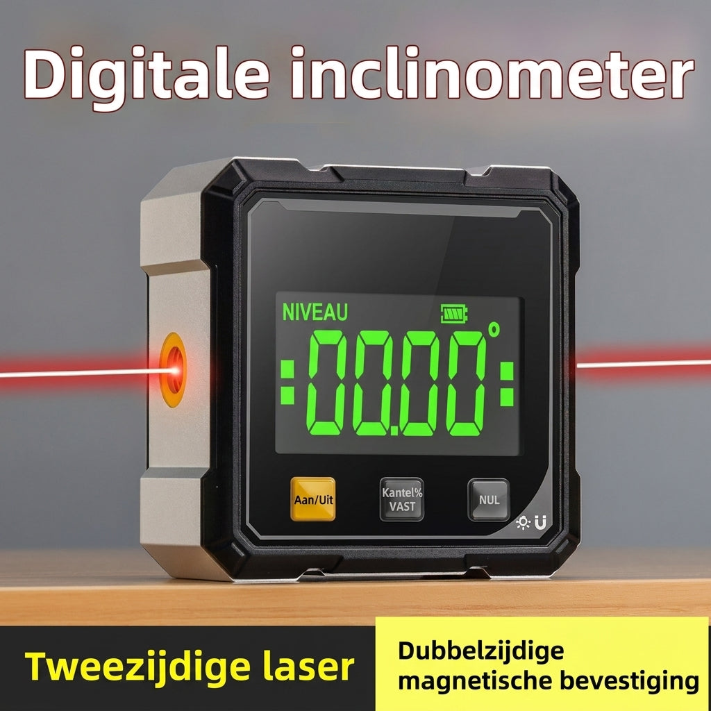 Digitale hoekmeter CJ26 met laser en magnetische basis voor nauwkeurige hoekmetingen in bouw & houtbewerking.