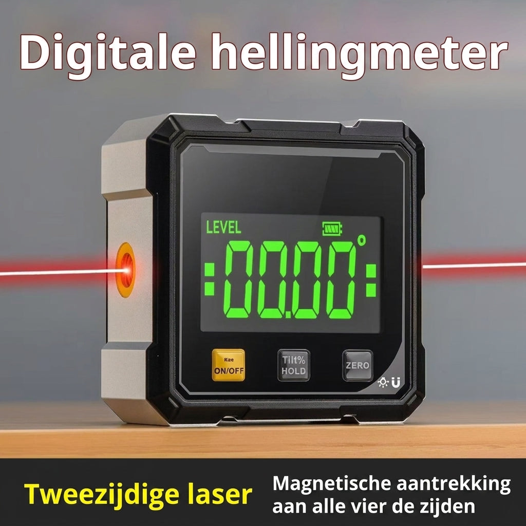 Veelzijdige digitale hoekmeter met helder display & magneetvoet voor snelle, exacte hoekmetingen bij bouwprojecten.