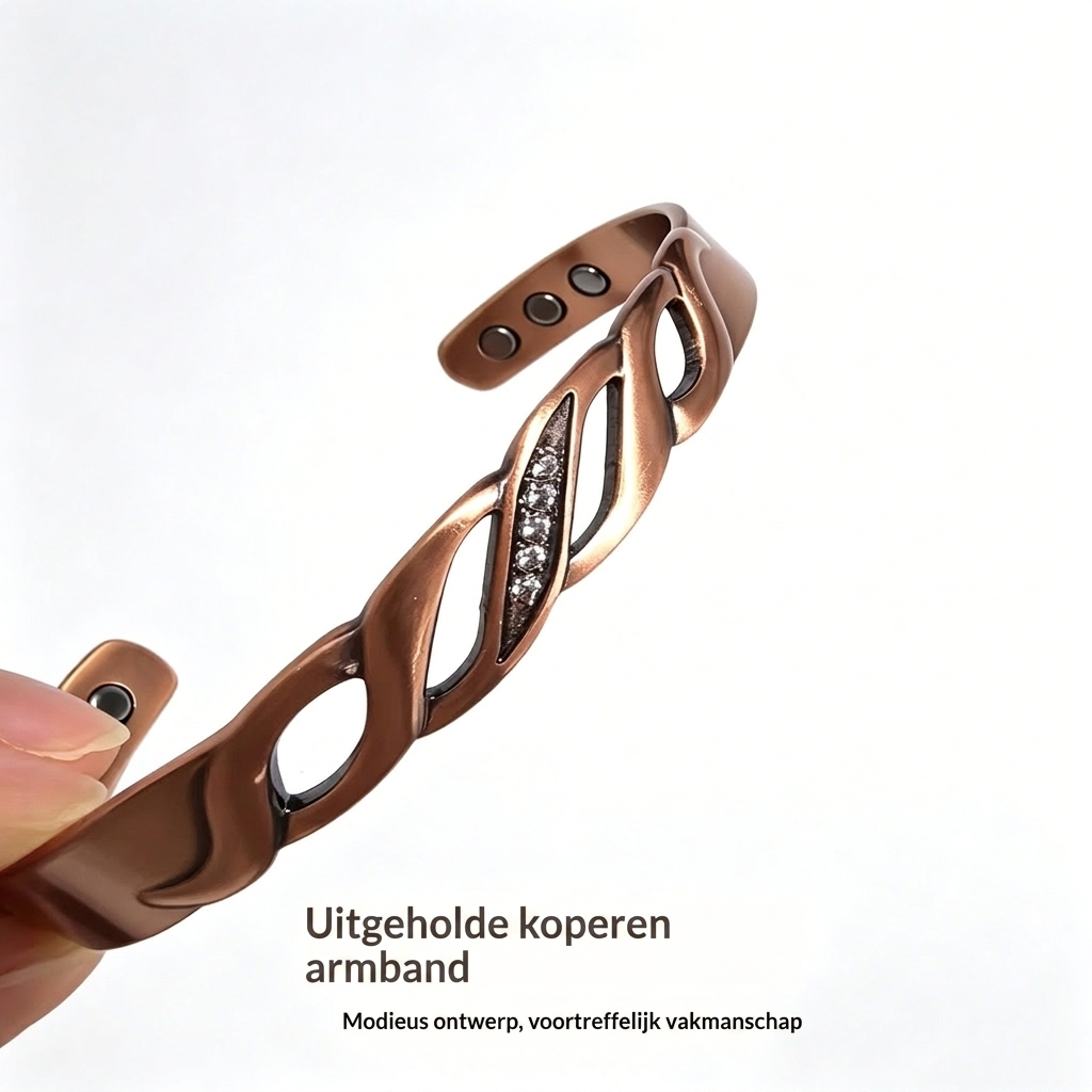 Verstelbare damesarmband van koper met oneindigheidssymbool, paarse zirkonia en handige magnetische sluiting.