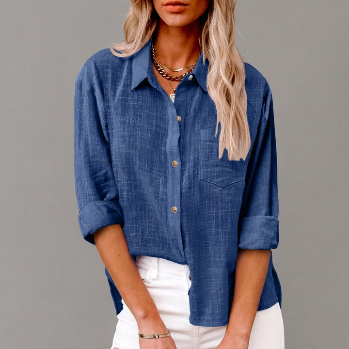Trendy dameskleding: effen casual shirt CJ26 met lange mouwen en borstzak, comfortabel & stijlvol.