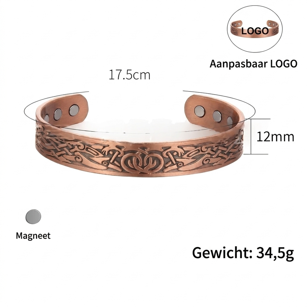 Elegante bronzen vintage magneetarmband. Unisex sieraad met klassieke uitstraling, ideaal als tijdloos accessoire.