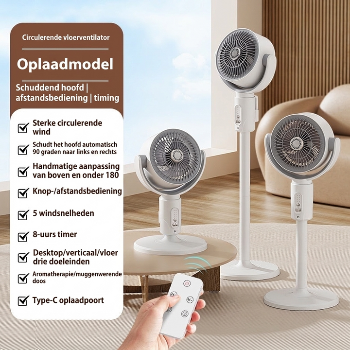 Stille ventilator CJ26 met afstandsbediening, 3D-oscillatie en luchtcirculatie. Zorgt voor verkoeling en beter binnenklimaat.