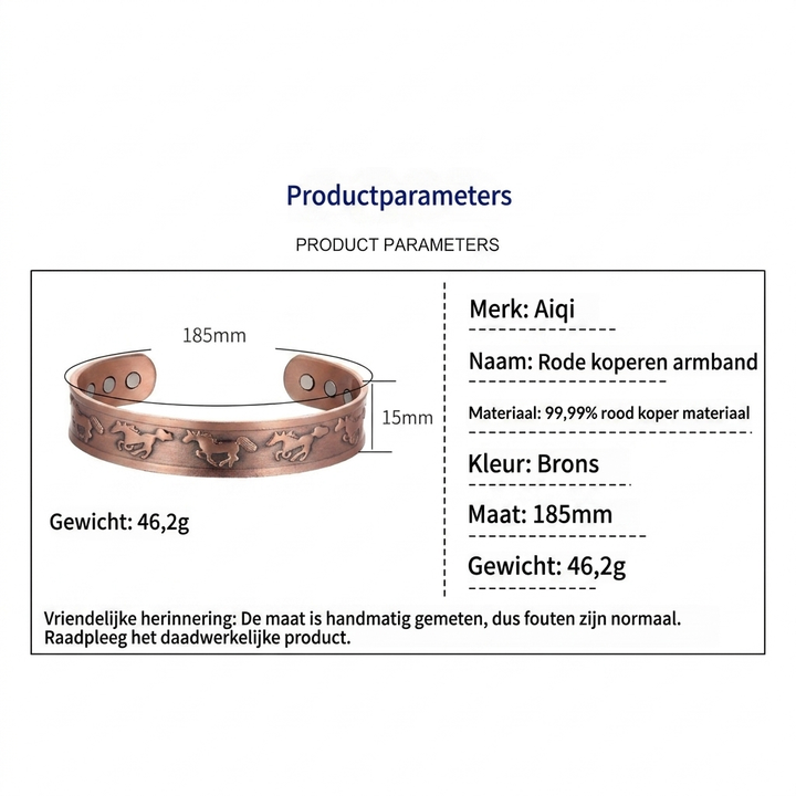 Complete set: Dames & heren koperen magneetarmband en ring met paardje; elegant, verstelbaar paardensieraad.