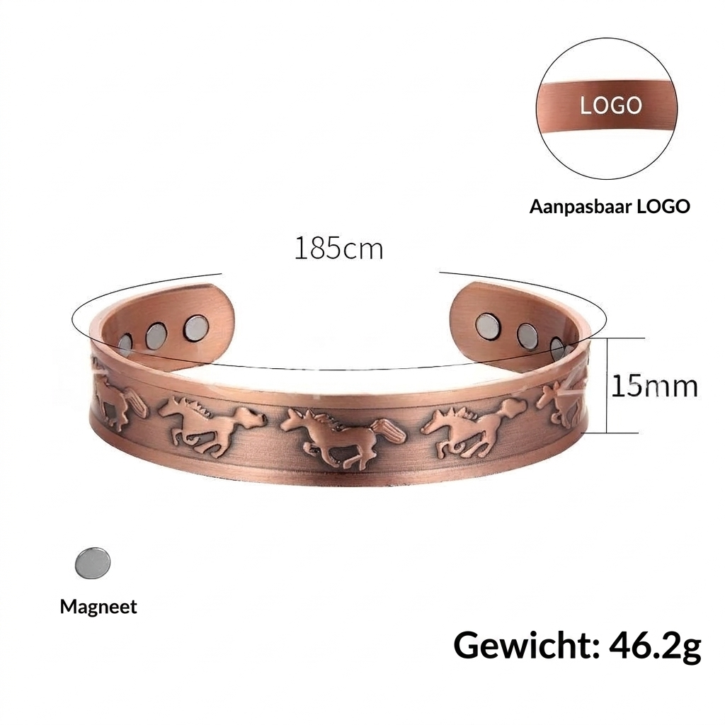 Verstelbare koperen magneetarmband voor dames & heren met charmant paardje; ideaal als elegant cadeau.