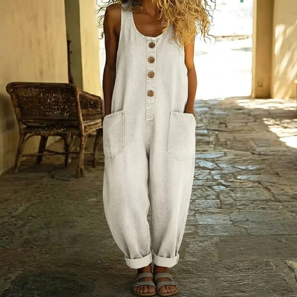 Veelzijdige beige mouwloze damesjumpsuit met zakken, ideaal voor een comfortabele en moderne alledaagse stijl.