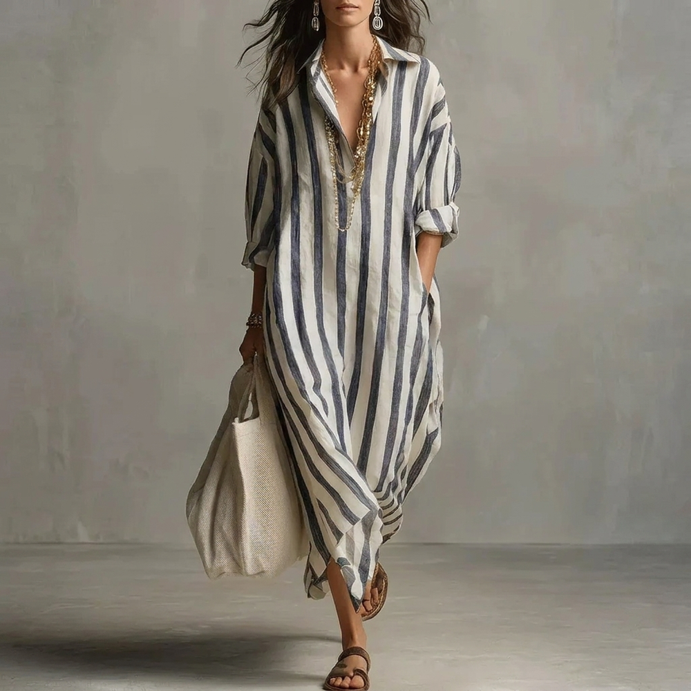 Elegante dames A-lijn blousejurk, gestreept met kraag en driekwartmouw. Perfecte comfortabele overhemdjurk voor mode.
