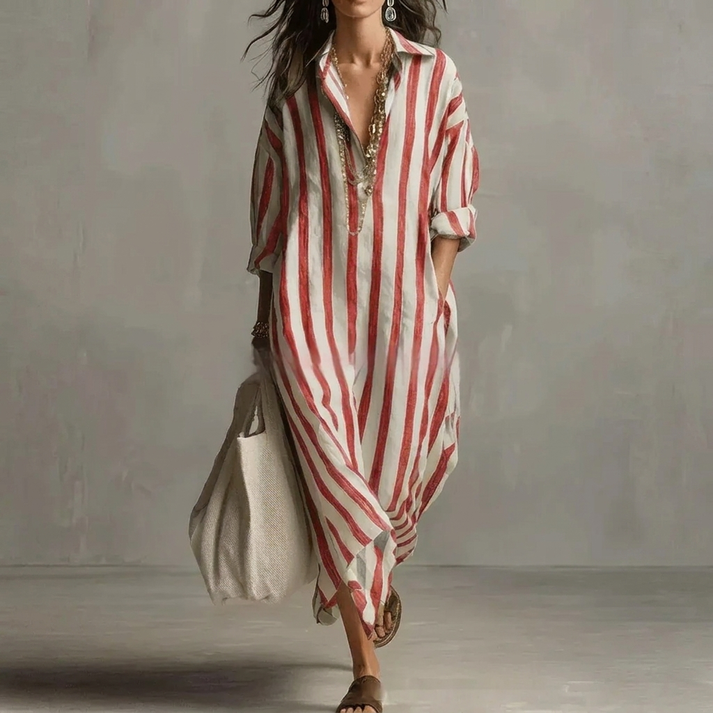 Trendy dames gestreepte A-lijn blousejurk met klassieke kraag. Comfortabele overhemdjurk met driekwartmouw, zomermode.
