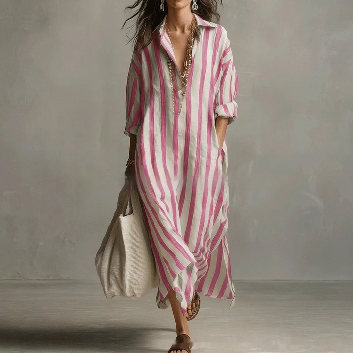 Veelzijdige gestreepte dames blousejurk met kraag. Comfortabele A-lijn overhemdjurk, elegant voor casual lentemode.