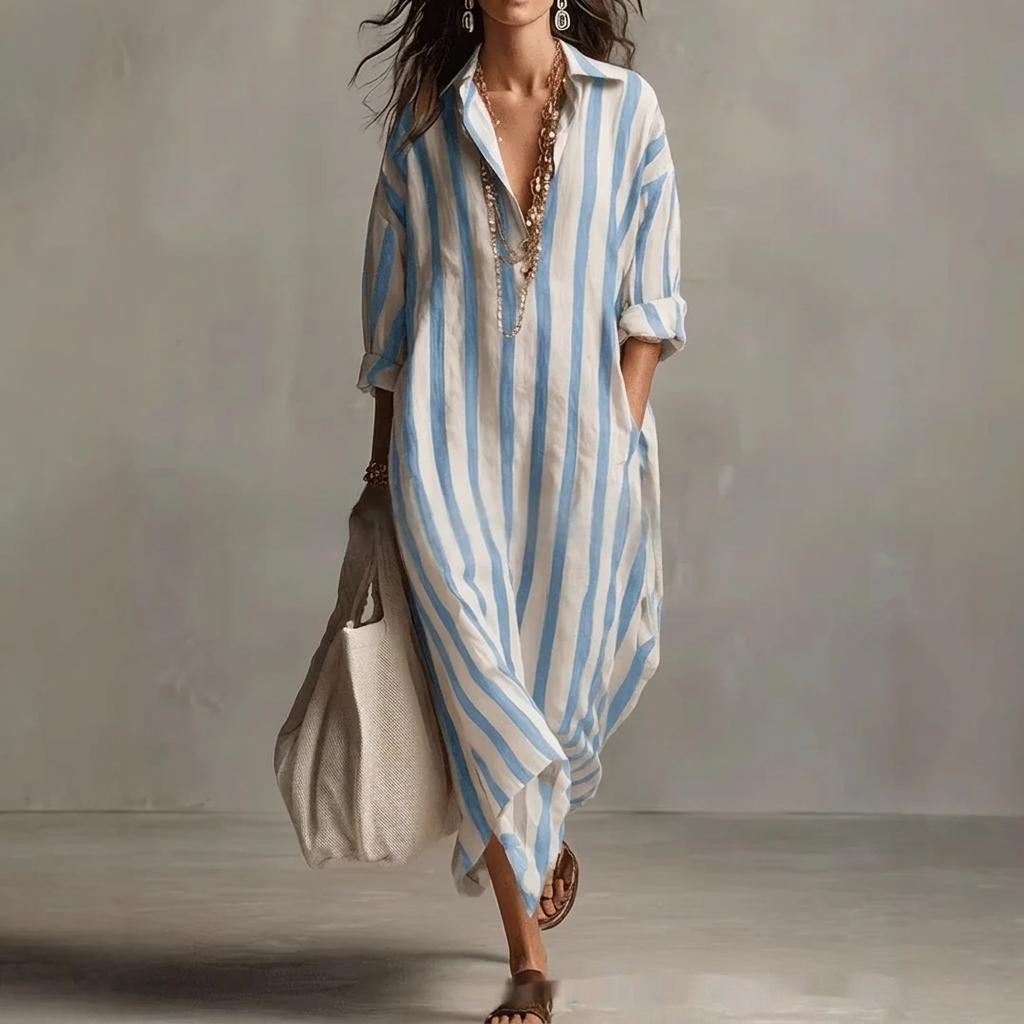 Casual gestreepte dames blousejurk met kraag, ideaal als comfortabele A-lijn overhemdjurk voor lente en zomer.