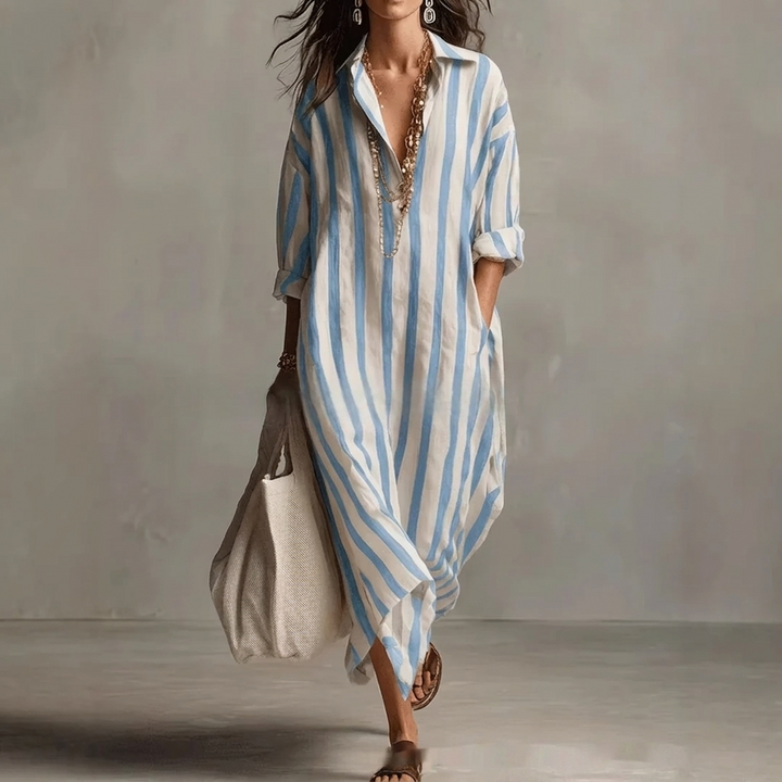 Casual gestreepte dames blousejurk met kraag, ideaal als comfortabele A-lijn overhemdjurk voor lente en zomer.