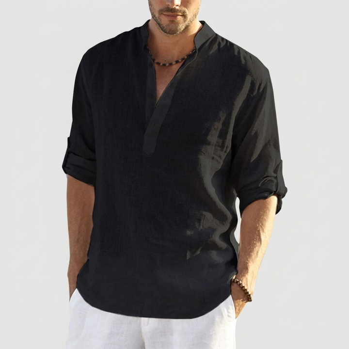 Zwart heren Henley overhemd met knoopjes, relaxte pasvorm. Stijlvolle pullover voor elke gelegenheid.