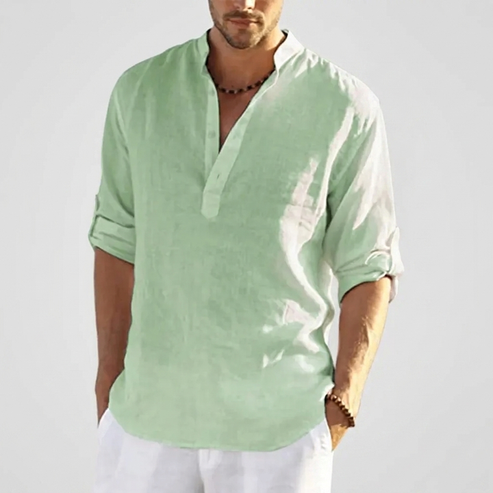 Zacht en comfortabel effen stof detail van het heren casual Henley overhemd CJ26, perfect voor lente en zomer.