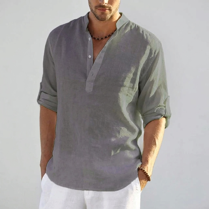 Heren casual Henley overhemd in effen rood, relaxte pasvorm, ideaal voor vakantie en vrije tijd.