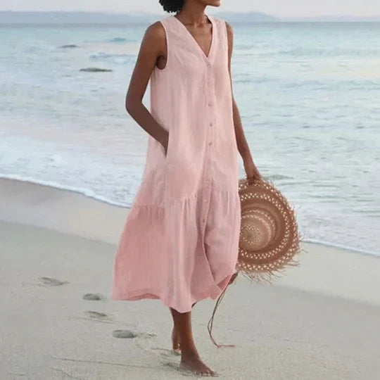 Stijlvolle dames lange casual jurk (CJ26) mouwloos, perfect voor een ontspannen zomerse look of vakantie.
