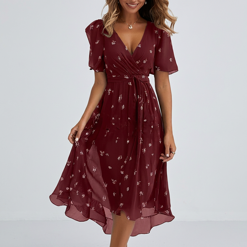 Bloemenprint damesjurk met V-hals en A-lijn pasvorm, perfect gestyled voor warme dagen.